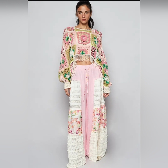 POL Round Neck Long Sleeve Crochet Cropped Fit Top Boho Festival Granny Square - Picture 2 of 5